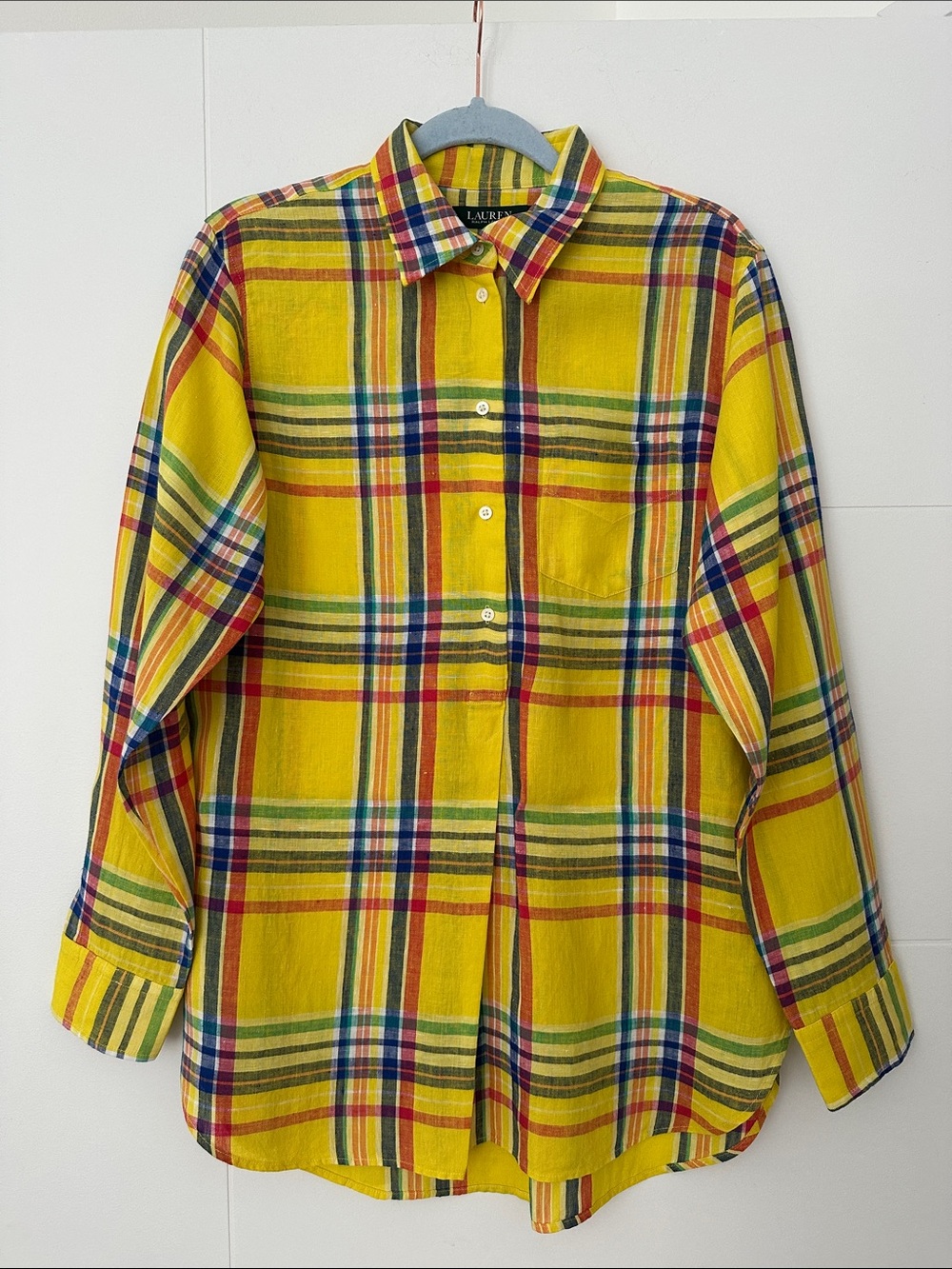 Women’s linen Tunic Length Plaid Button-Up Shirt